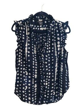 DKNY Navy and White Polka Dot Ruffle Sleeveless V-Neck Top M Office Classic